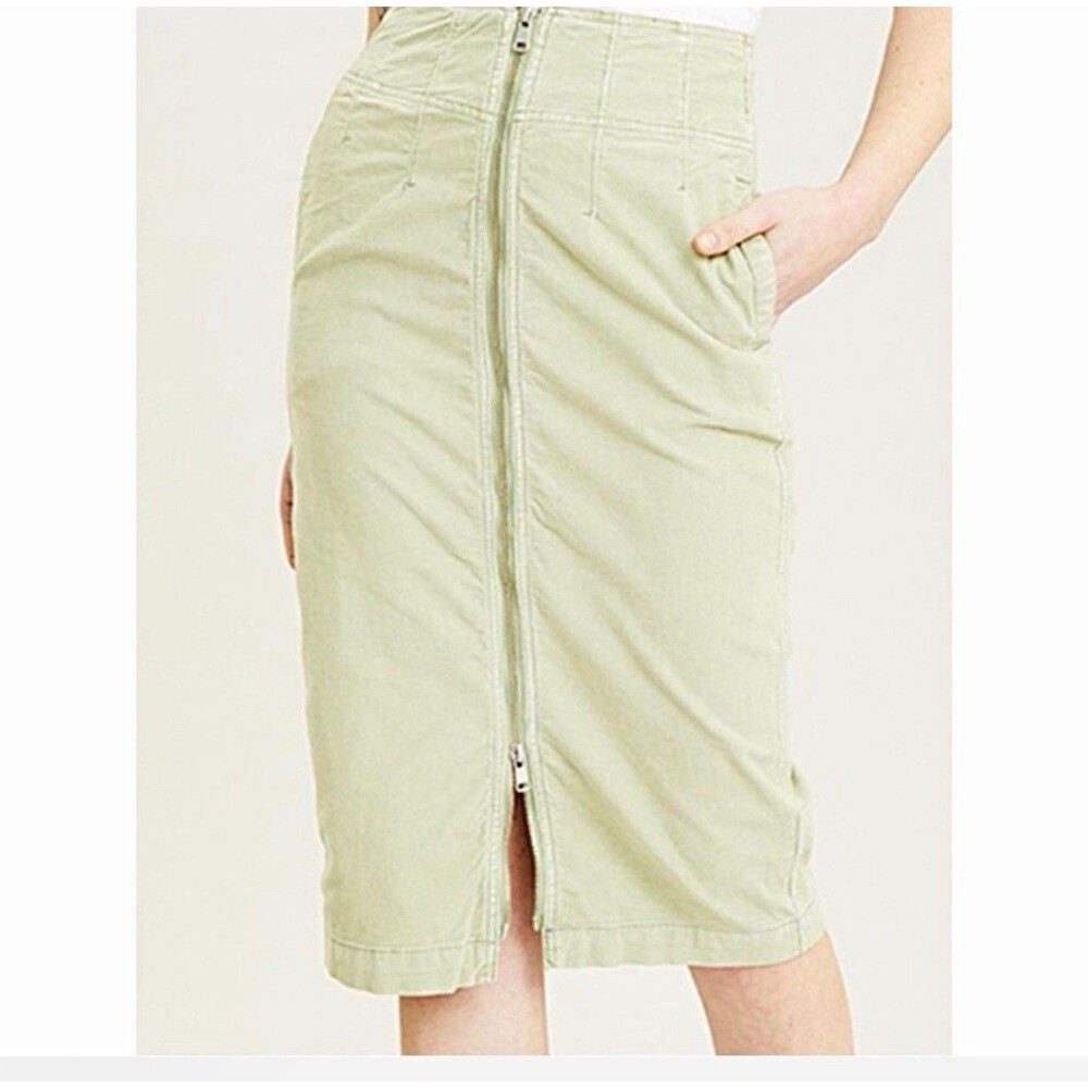 We The Free Green Corduroy Zip Front Pencil Midi Skirt Pockets Slit Sz 27